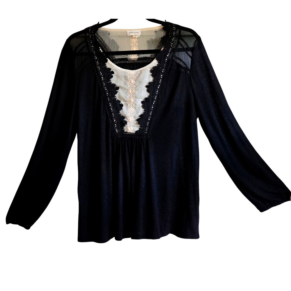 Meadow Rue Anthropologie Black Tan Lace Embroidered Boho Blouse Top Size Large